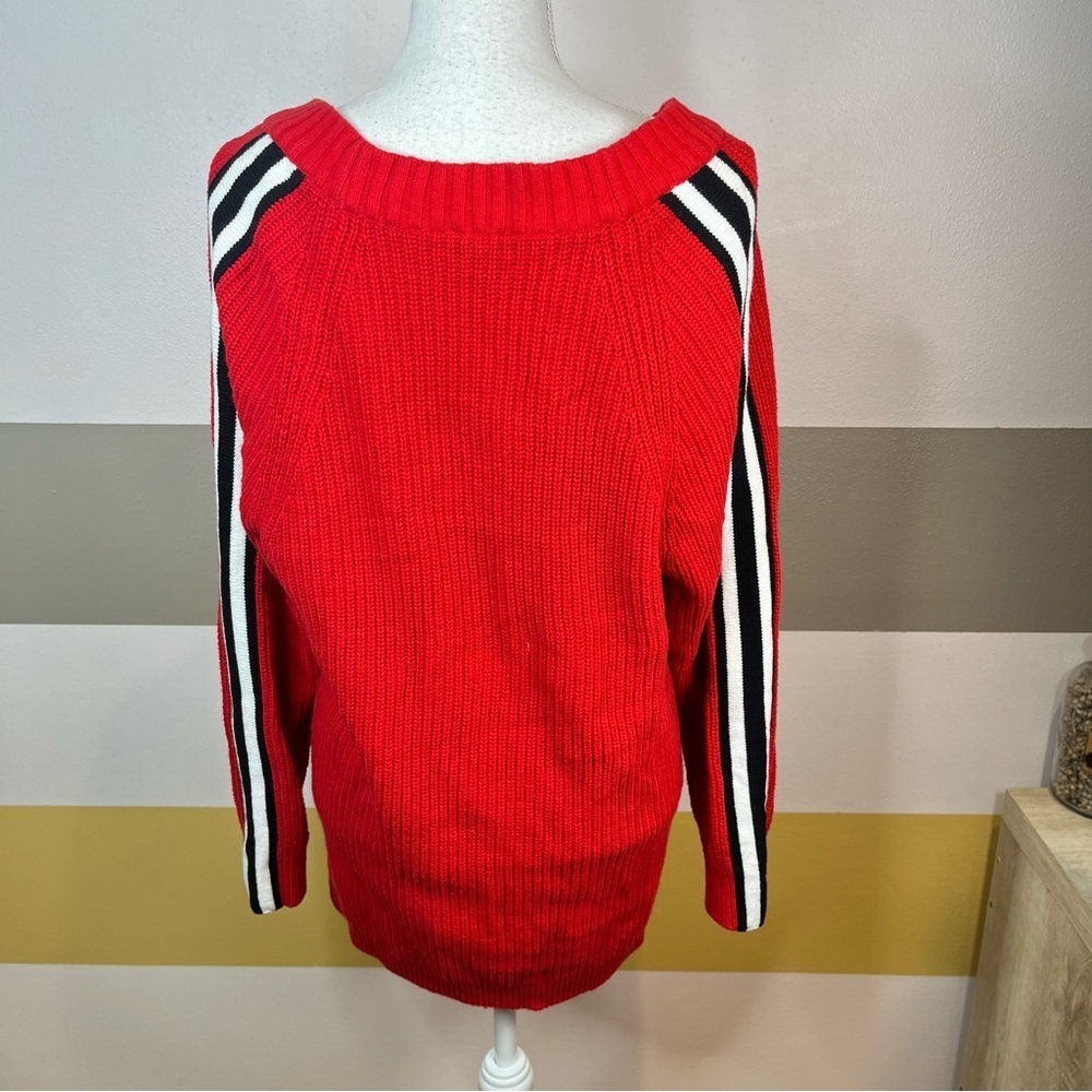 2/$25 Express Bright Red Striped Knit Woven Pullover Bold Chunky Thick Sweater S - Picture 7 of 15